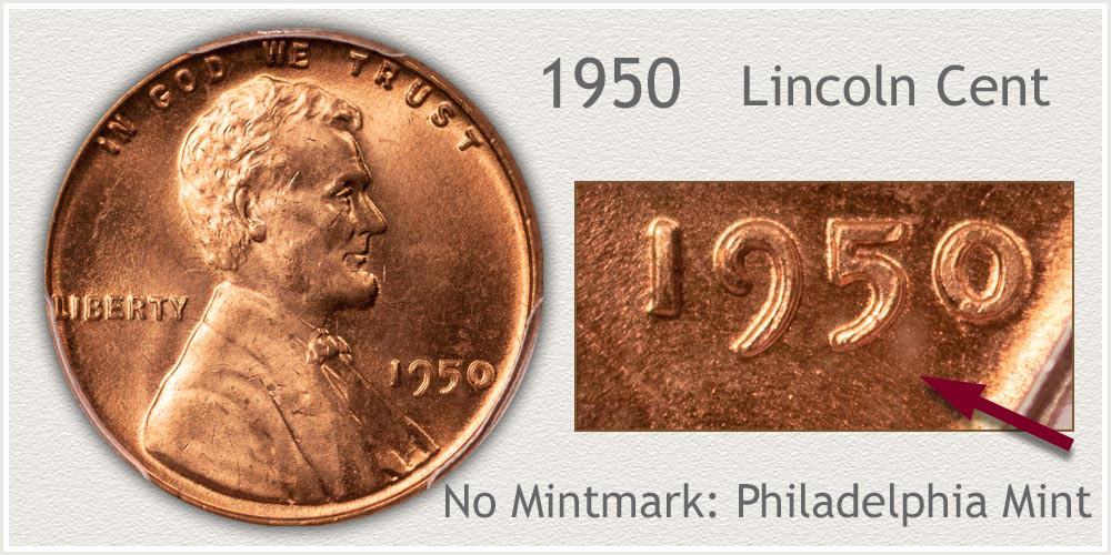 1950 Lincoln penny with no mint mark