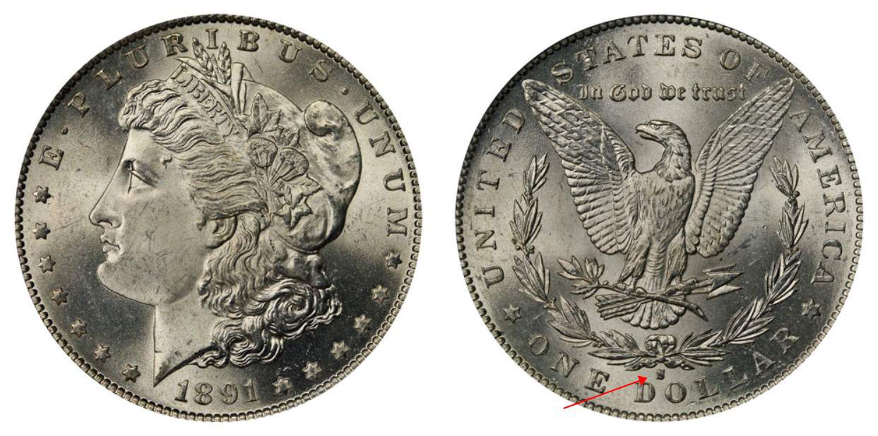 1891 S Morgan silver dollar
