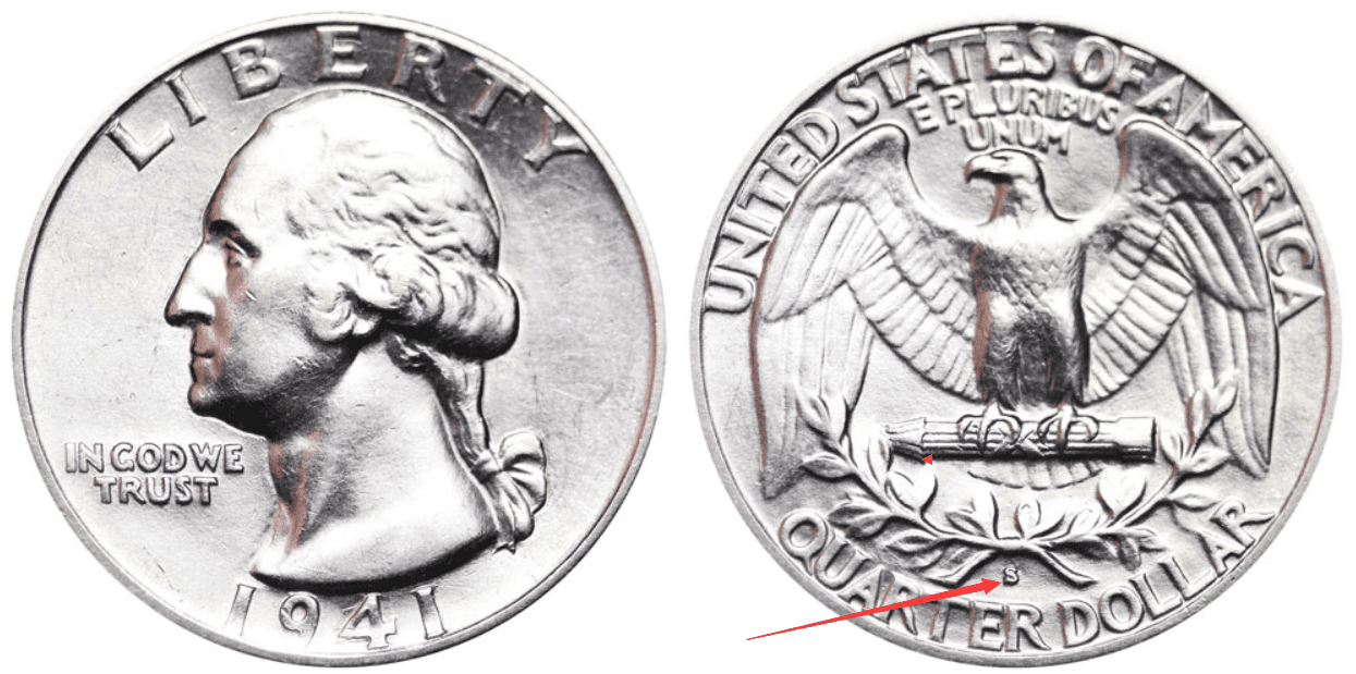 1941 S Washington silver quarter