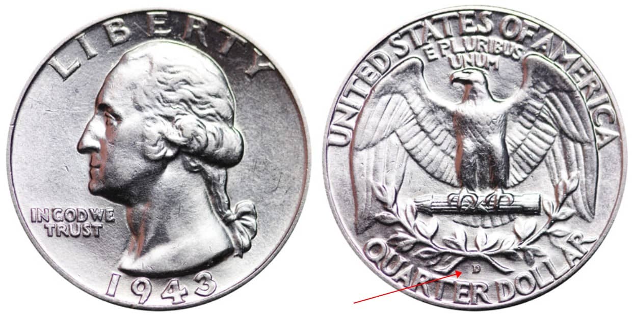 1943 D Washington silver quarter