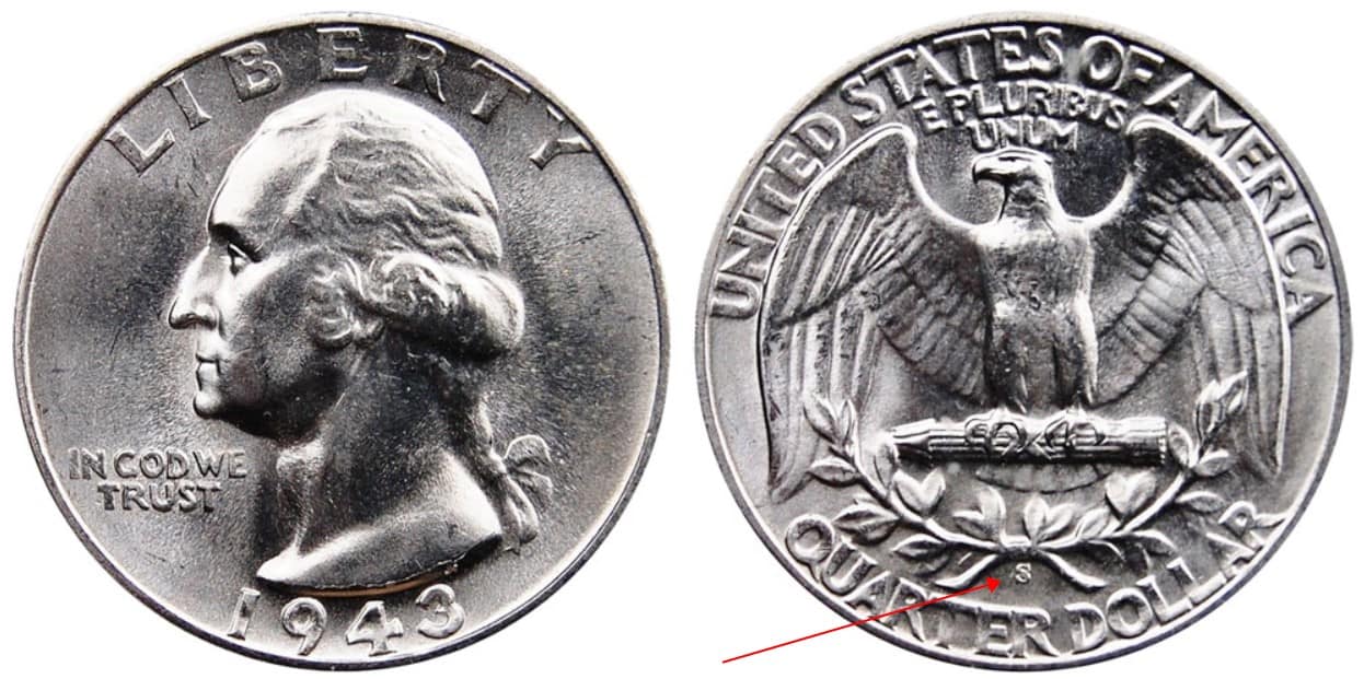 1943 S Washington silver quarter
