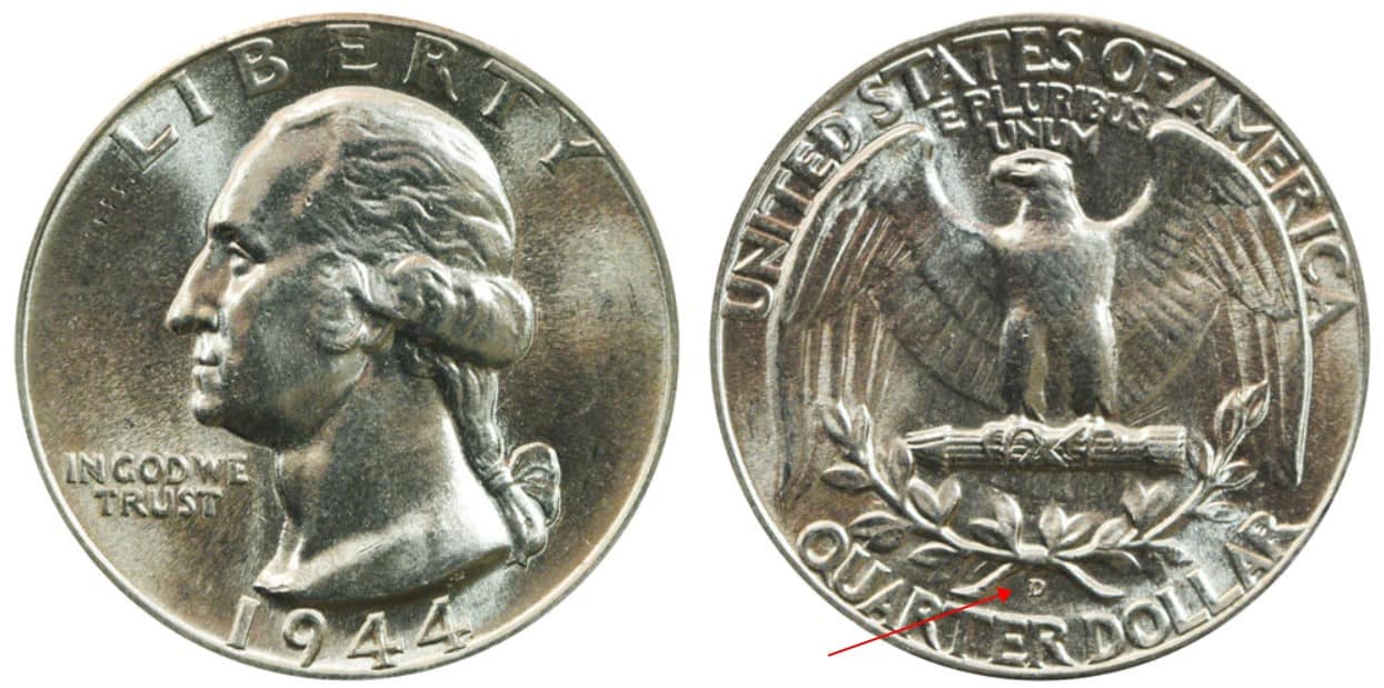 1944 D Washington silver quarter
