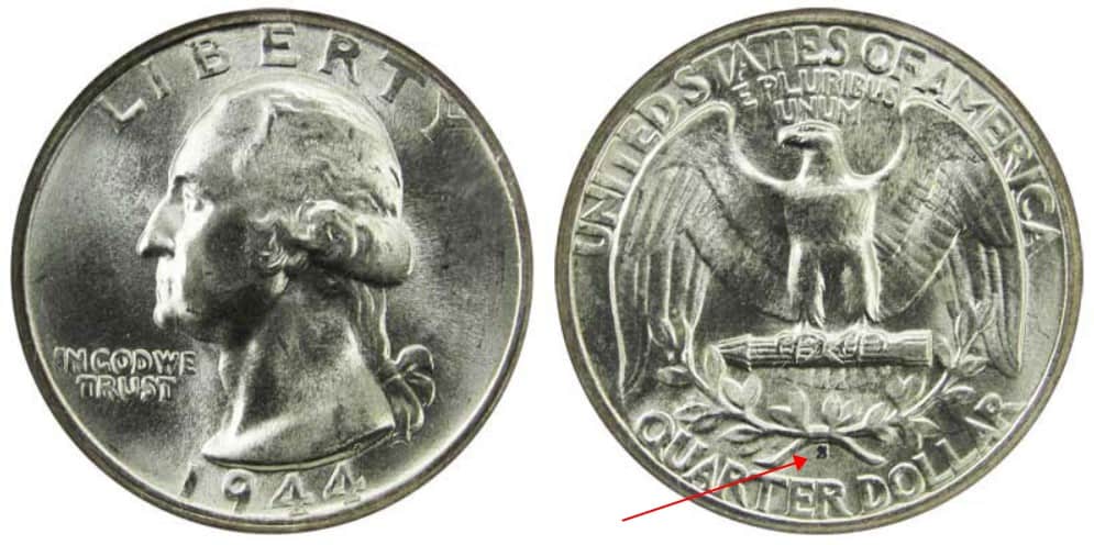 1944 S Washington silver quarter