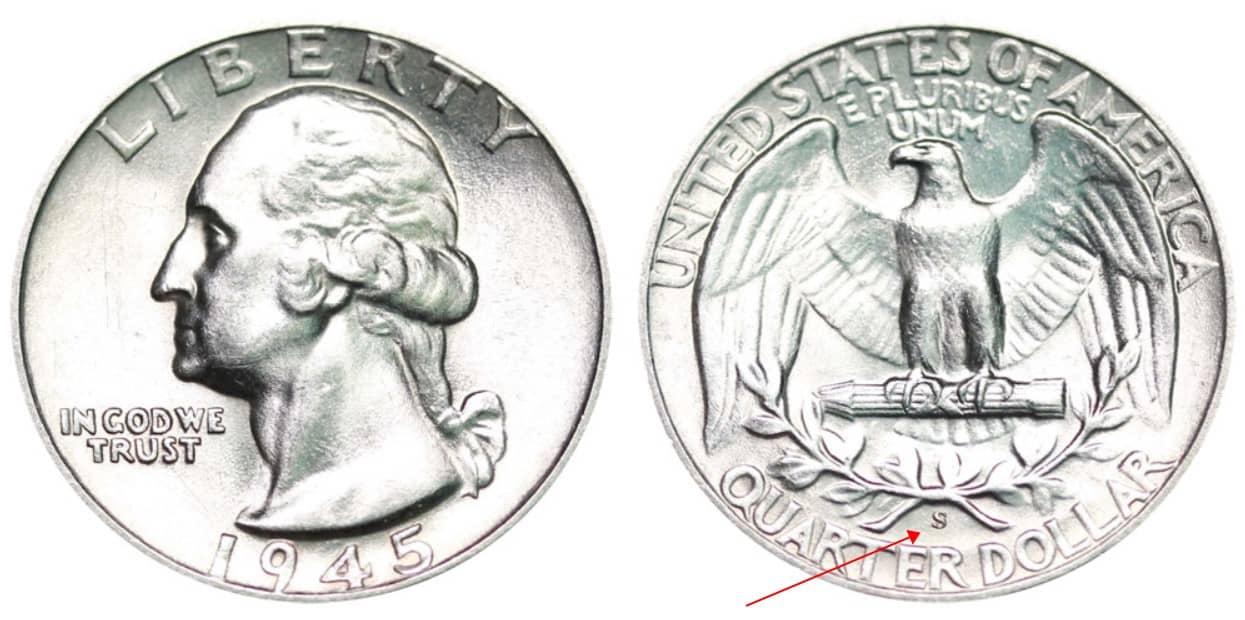 1945 S Washington silver quarter