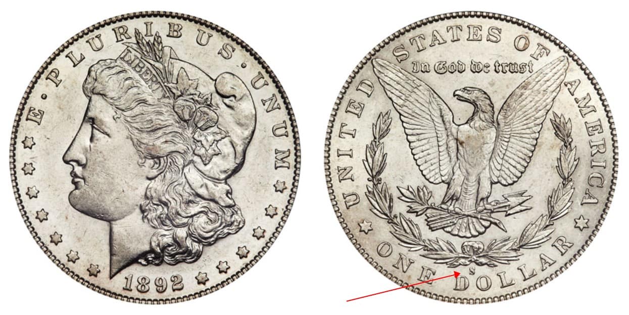1892 S Morgan silver dollar