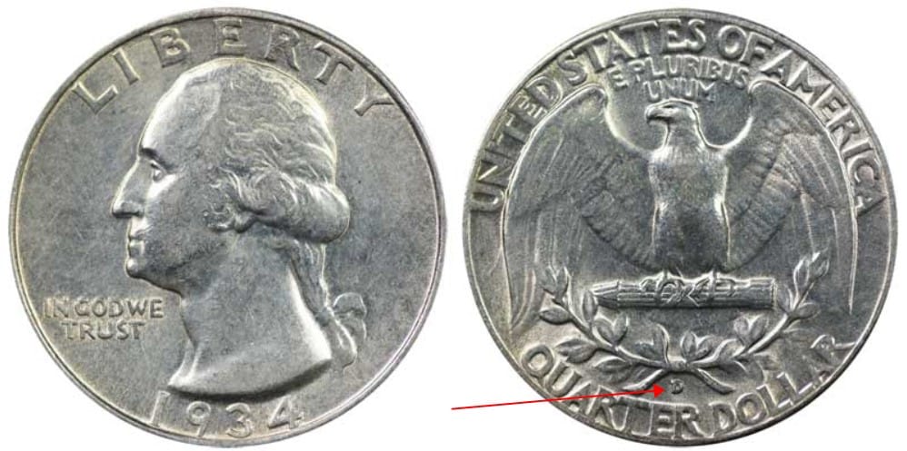 1934 D Washington silver quarter