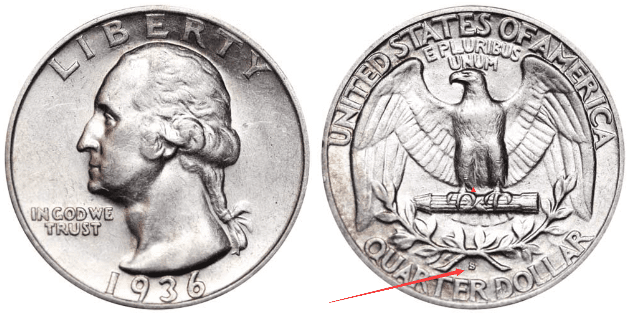 1936 S Washington silver quarter 