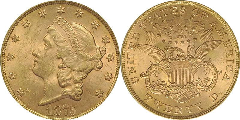 Liberty Head Twenty D. gold coins With Motto (Type II) minted from 1866 to 1876