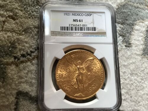 1921 Mexican Gold 50 Pesos NGC MS-61, 1st Year Coin, Tough Date, 1.2oz Pure Gold