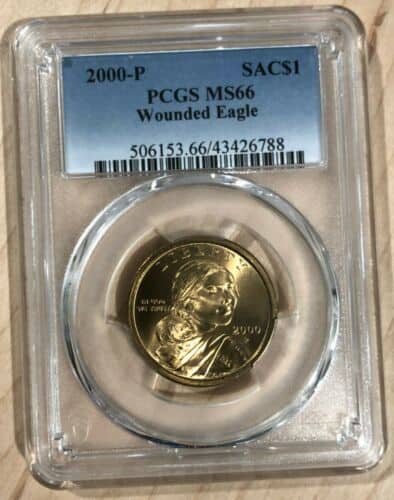 2000 P Sacagawea Dollar Wounded Eagle PCGS MS66 Gold Shield RFID Label