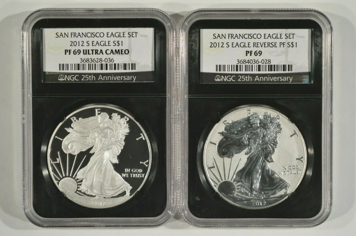 2012-S Silver Eagle 2 Coin Set NGC PF69 & Reverse PF69