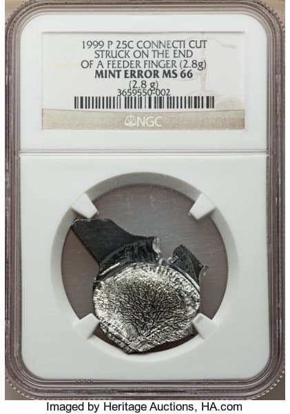 1999-P Connecticut Quarter Struck on the End of a Feeder Finger, NGC MS66
