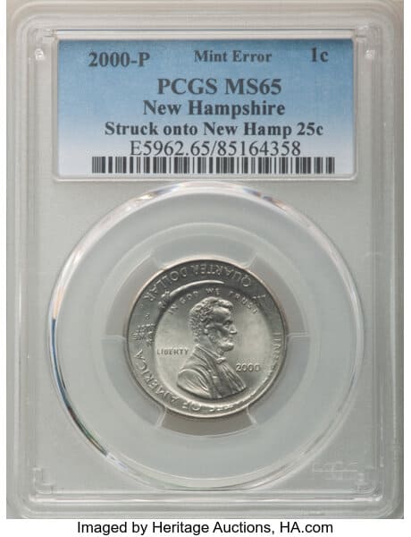 2000-P Lincoln Cent Struck onto New Hampshire Quarter, PCGS MS65